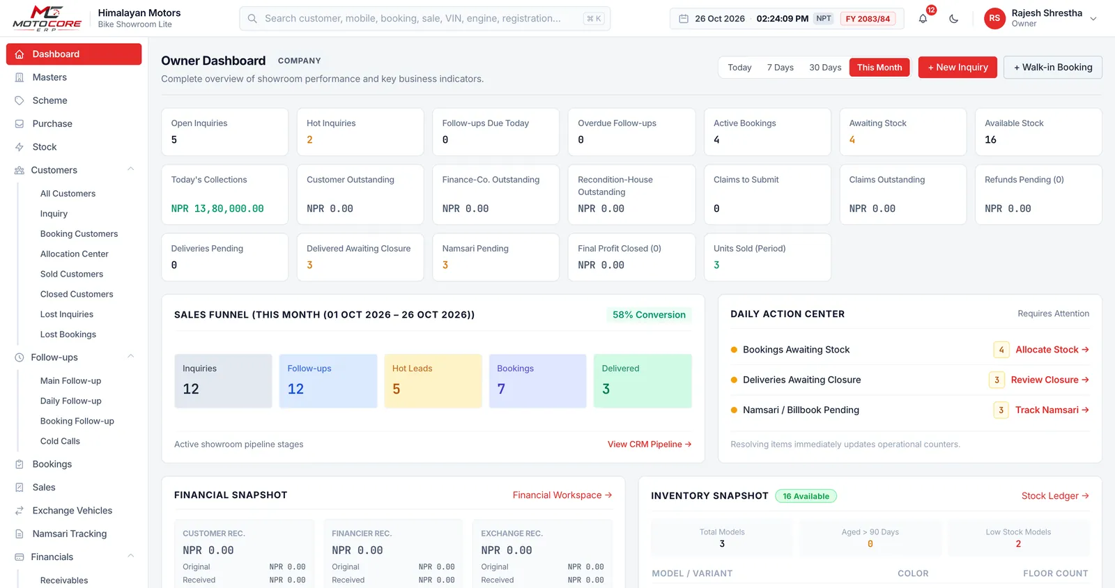 MotoCore Bike owner dashboard with inquiries, bookings, stock and collections